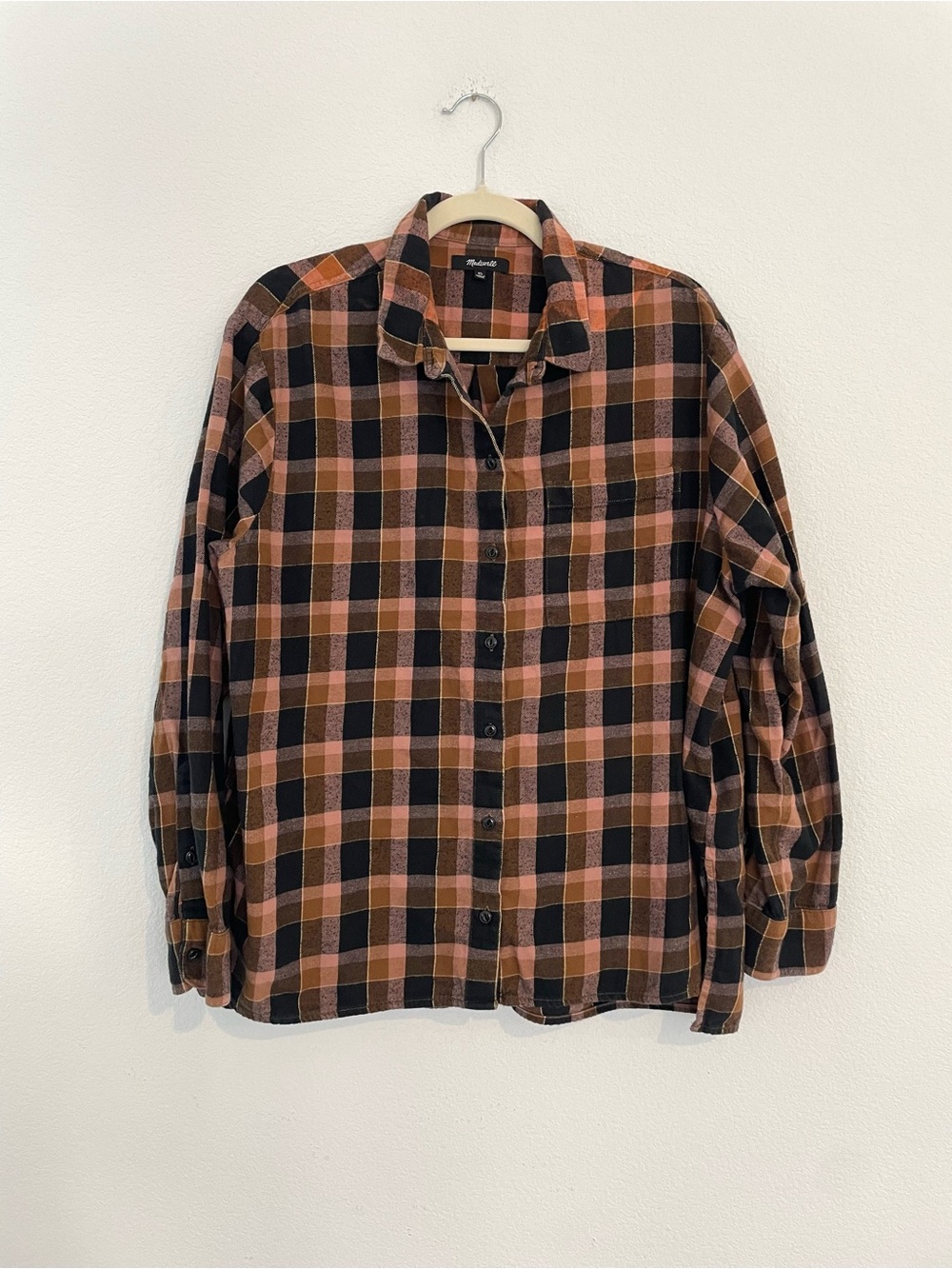 Madewell Plaid Flannel Button-Down Shirt Rust, Black and Pink